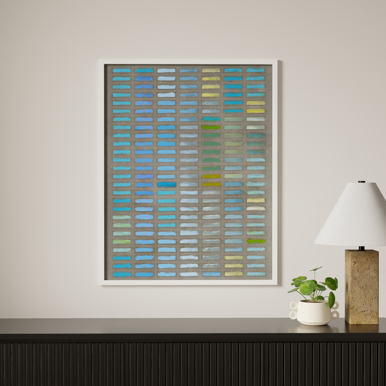 Beyond the Blues Painting by Jacques Pilon, White Framed, 38" H x 30" W x 1.25" D