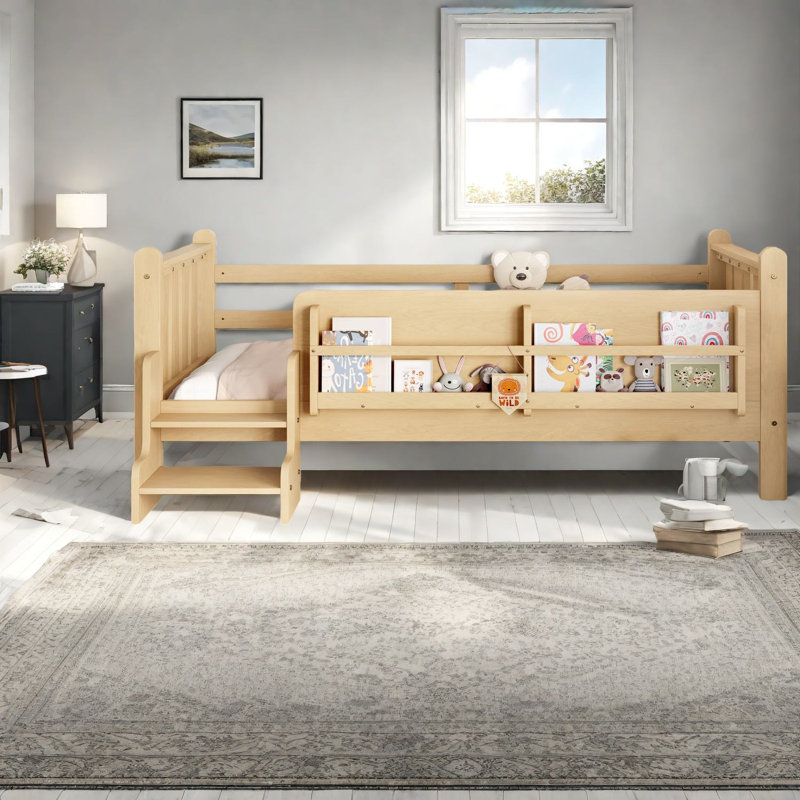 Lit simple au sol en bois avec rangement, conception moderne pour enfants
