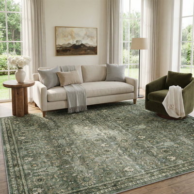 Watte Vintage Floral Border Washable Area Rug with Non-Slip Backing for Living Room & Bedroom