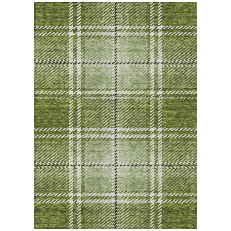 Tapis extérieur lavable à carreaux vert et noir 8 pi x 10 pi ivoire