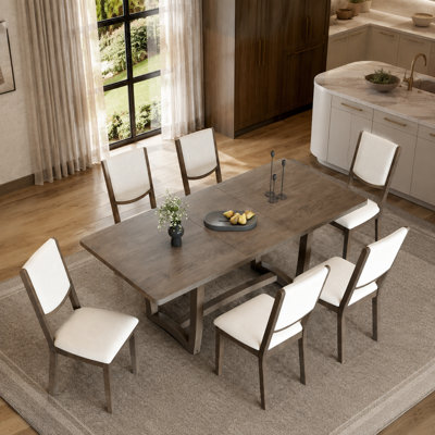 Ensemble de table de salle à manger extensible 7 pièces pour 6 personnes, table de cuisine rectangulaire avec 6 chaises de salle à manger rembourrées, dossier incurvé et structure en bois massif
