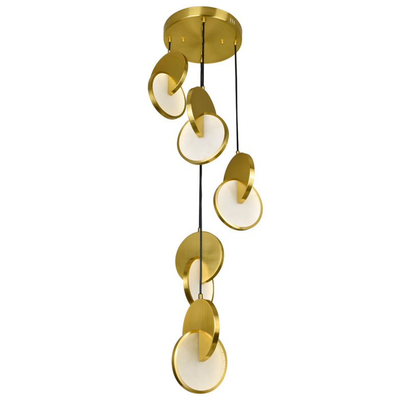 5 Light Integrated LED Pendant, 18-Inch Brushed Brass Finish – Modern Decorative Ceiling Light with Intersecting Disc Design