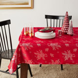 The Holiday Aisle® Vintage Sparkling Christmas Holly Bows Damask Pattern, Polyester Jacquard, With Metallic Plain Weave Woven, Red, 52 Inch By 70 Inch, Seats 4 To 6 People, Rectangular Tablecloths