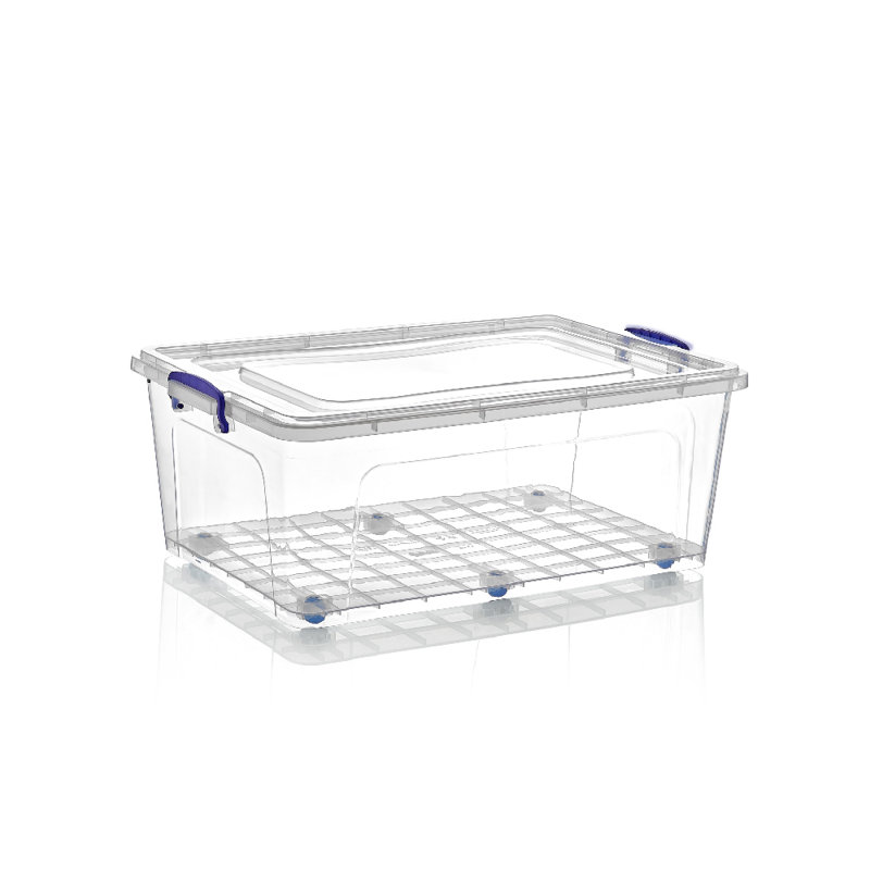 Clear Plastic Storage Tote with Wheels, 10" H x 27" W x 18" D