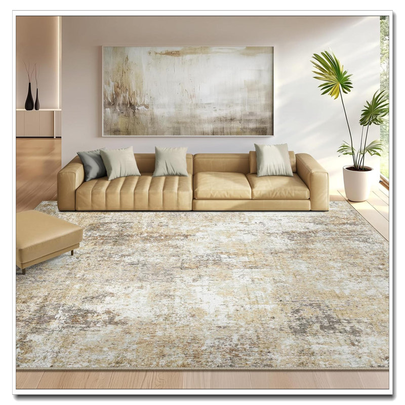Tides Series 8'X10' Washable Non-Slip Rug - Modern Abstract Print (Dark Black Gold) | Effortless Style, Beige