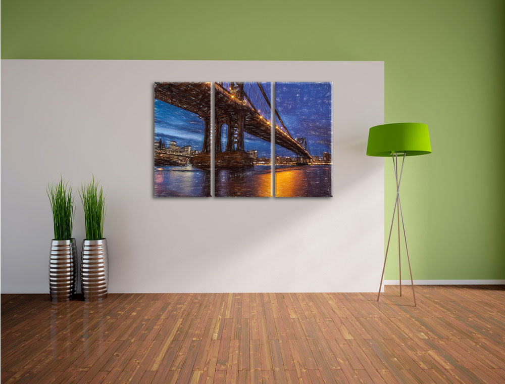 3-tlg. Leinwandbilder-Set „Manhatten Brücke New York“, Grafikdruck