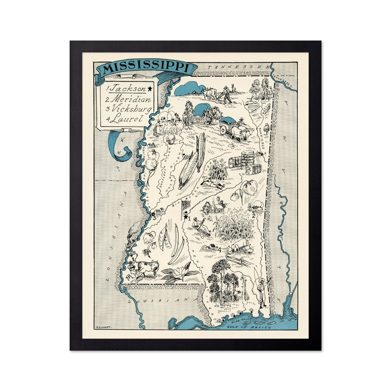Carte illustrée du Mississippi, H 24 po x l 32 po, Affiche, Sans cadre