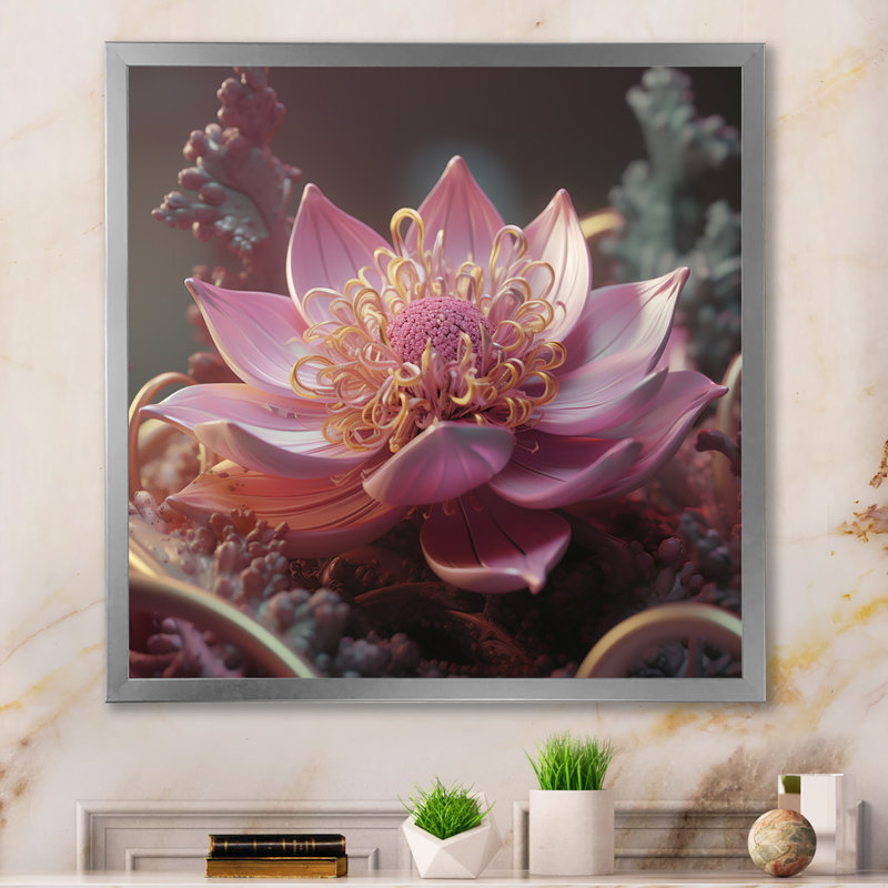 «Blooming Magical Pink Lotus I» sur toile, Cadre simple argenté, H 16 po x l 16 po x P 1 po