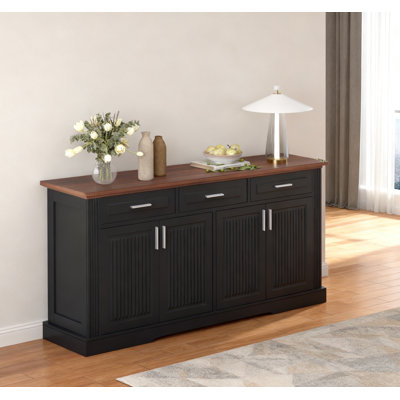 Buffet de style buffet cannelé de 63 po avec rangement, station de café moderne avec 4 portes et 3 tiroirs, console de rangement de cuisine en bois pour le vestibule du salon, noir
