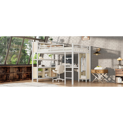 Lit mezzanine avec garde-robe et bureau en forme de L, lit mezzanine avec cubes de rangement et tablettes, lit mezzanine robuste pour enfants, adolescents, adultes, grain de bois