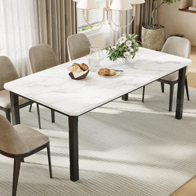 Table de salle à manger rectangulaire moderne de style industriel de 180 cm (71 po) pour 6 à 8 personnes, grande table de cuisine, plateau d'aspect marbre, structure métallique robuste, pieds noirs/plateau blanc marbré