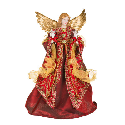 Red Fabric 10-LIGHT Angel Tree Topper Holding Stars