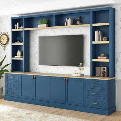 Meuble audio-vidéo de style maison de campagne l 102,3 po avec tablette réglable 4 pièces, meuble télé avec étagères pour téléviseurs de 75 po ou moins, console média avec tiroirs pour le salon