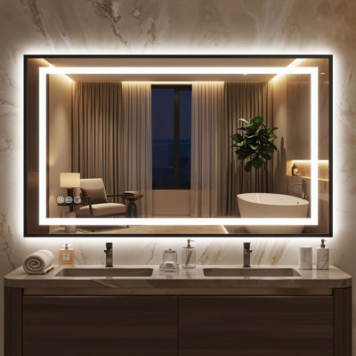 Miroir de salle de bain à DEL avec lumières, miroir de meuble-lavabo mural avec cadre noir, contrôle tactile, antibuée, lumières à intensité variable, incassable, fonction mémoire, miroirs de salle de bain muraux