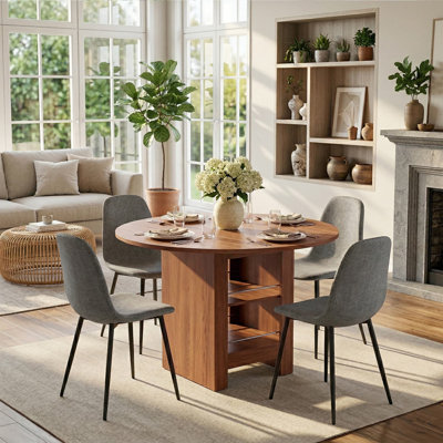 Ensemble de salle à manger 42 po 42 po avec base de rangement à 2 niveaux, table de cuisine 5 pièces de style Mid-Century moderne pour 4 personnes, table en bois manufacturé au fini noyer et 4 chaises en lin gris avec pieds en métal noir