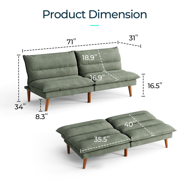  Torrence 71'' Upholstered Channel Tufted Corduroy Convertible Futon, Green Corduroy
