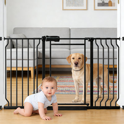 Triple Lock Pet Gate with Clear Acrylic Panel - Adjustable 48-56" Wide Pressure Mount for Stairs, Doorways Metal Black