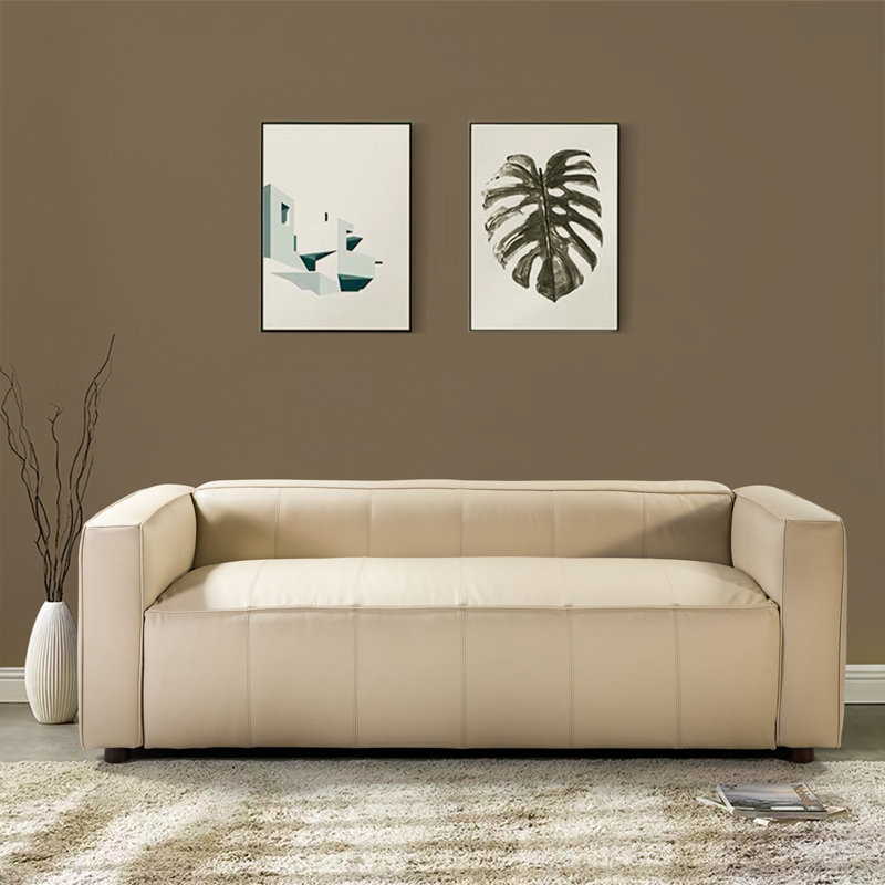 Beatryce 80" Genuine Leather Tuxedo Arm Sofa, Beige Genuine Leather