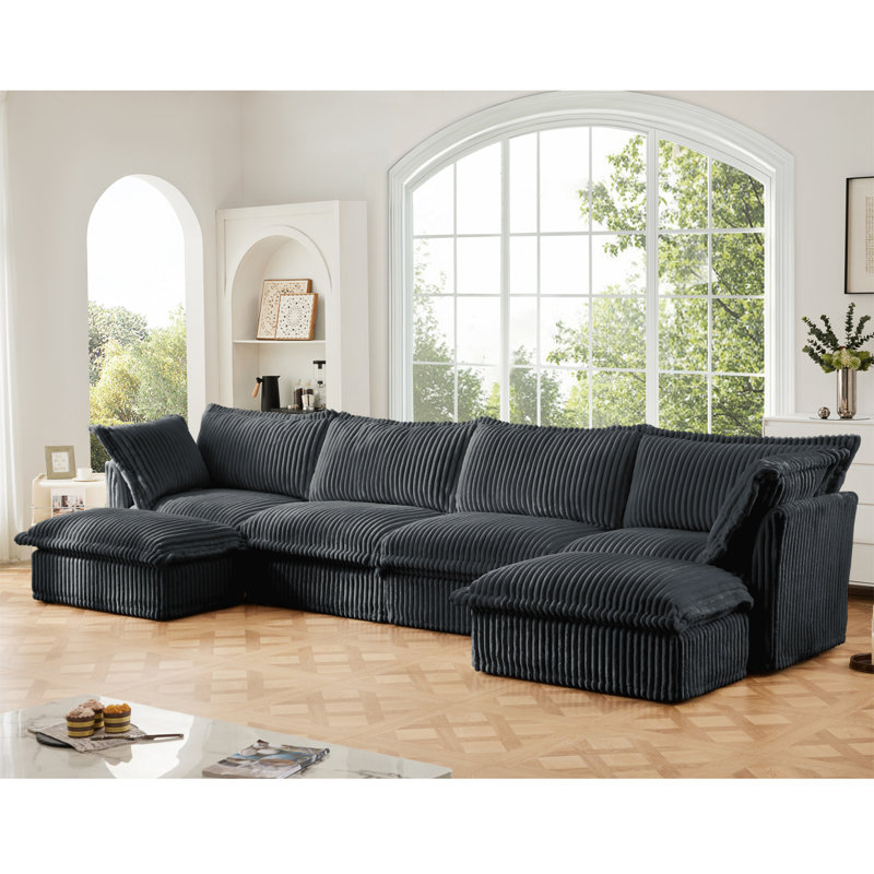 Canapé, repose-pieds en chenille, 4, H 34,65 po x l 156,65 po x P 33 po, Velours côtelé gris