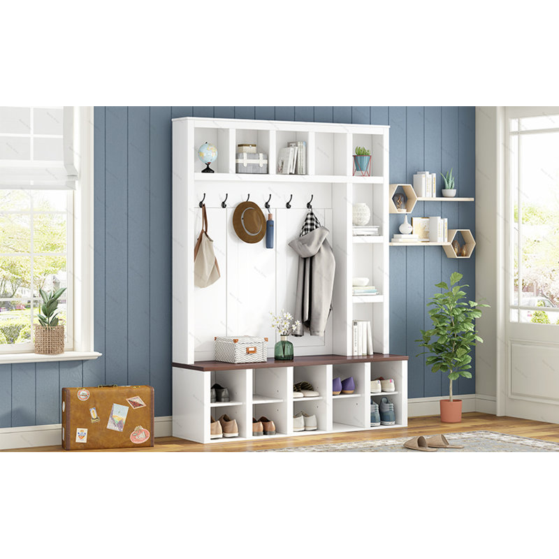 ON-TREND Farmhouse Wooden Style Hall Tree with 6 Hooks, Practical Walnut Storage Bench with Adjustable Shelves,  4-in-1 Entryway Shoe Cabinet with 13 Cubbies for Mudroom, Living Room, White, 76.7"H