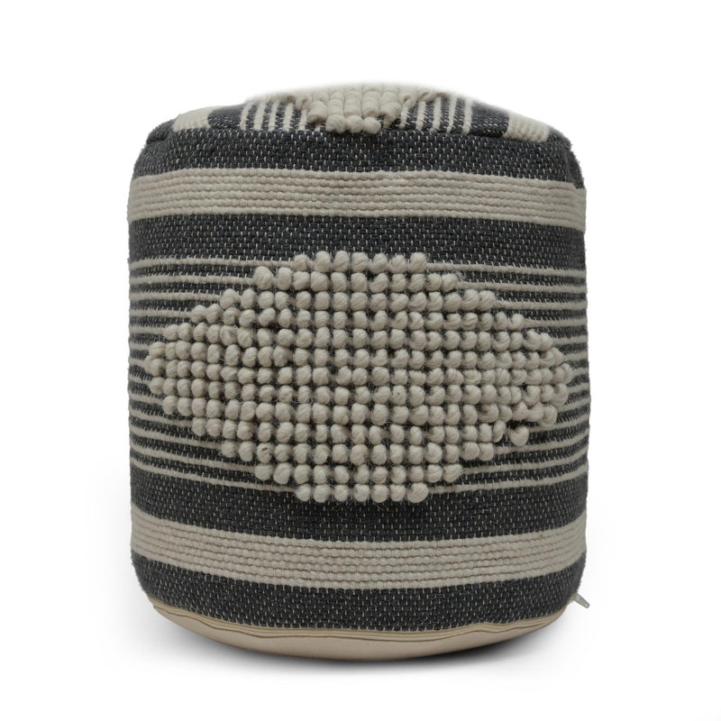 Diamond Handcrafted Fabric Cylindrical Pouf, Beige And Dark Grey, Dawn Gray