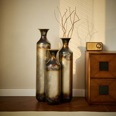 Hand-Forged Metal Vases Set of 3, Burnt Finish Rustic Floor Vases for Home Decor, Tall Flower Vases for Farmhouse Industrial Living Room