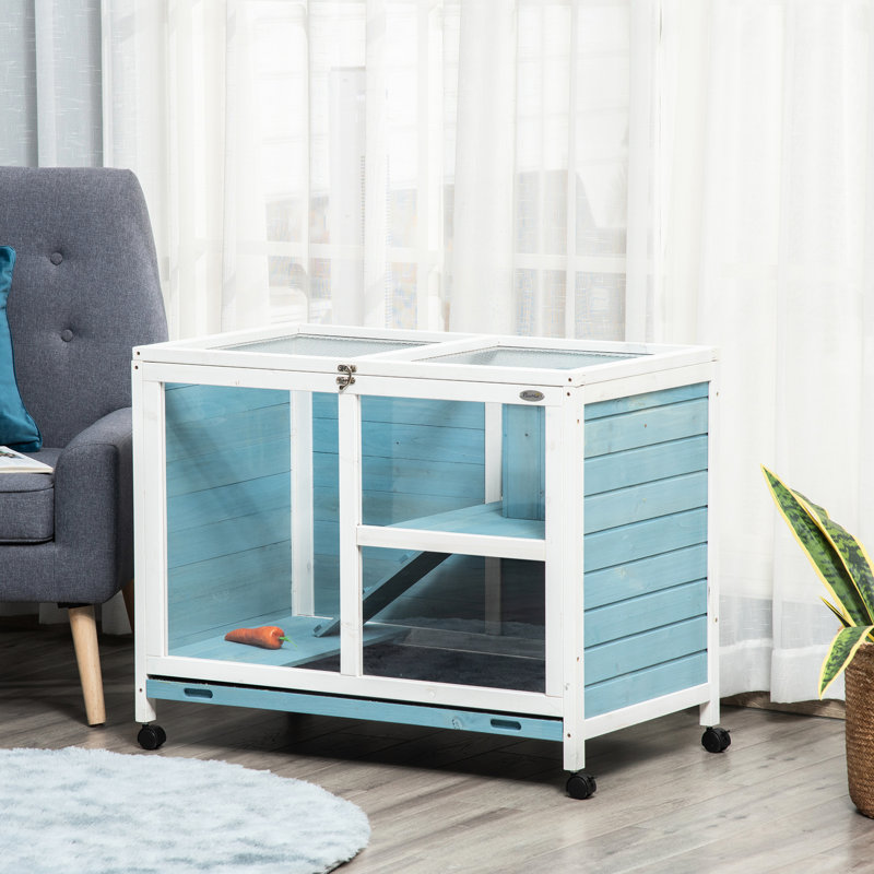 Lapin en bois bleu - avec roulettes, bureau et table d'appoint de taille imperméable, cage sécuritaire pour 1 ou 2 lapins