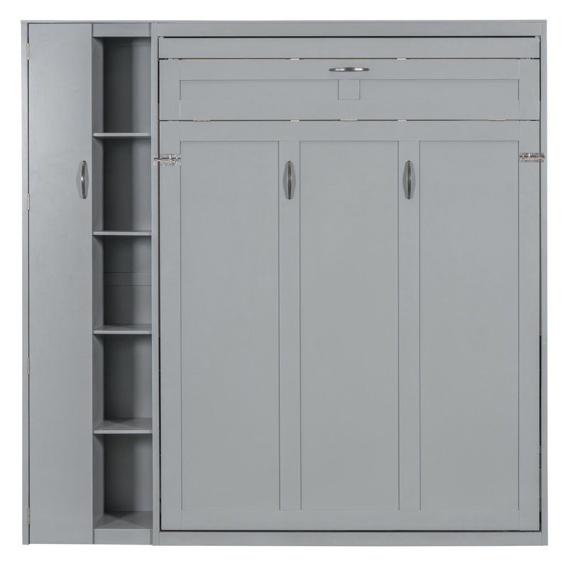 Lit escamotable double pleine grandeur avec tablettes, garde-robe et lumières DEL, Gris, Lit double