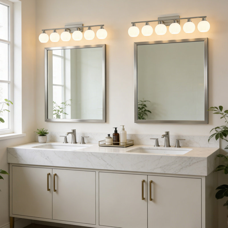 Éclairage pour meuble-lavabo de salle de bain en nickel 6 lumières - abat-jour sphérique opale, indice de saleté humide, Cri 90+, base E26, double intensité réglable pour meuble-lavabo de salle de bain et de maquillage