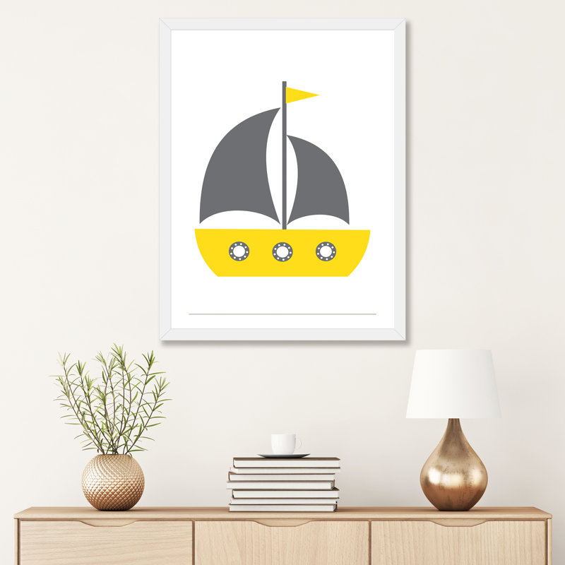 Yellow Boat Nordic Design - impression d'art graphique, H 32 po x l 24 po x P 1 po, Papier encadré blanc, Blanc