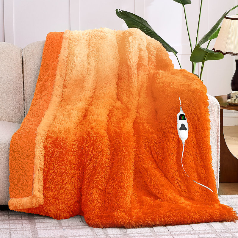 Jeté chauffant en molleton chauffant avec dossier en sherpa pelucheux, Lit simple, Orange