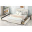 Grand lit plateforme tapissier avec lit gigogne simple et deux tiroirs, beige