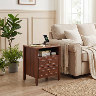 Nightstand with Charging Station, Modern Bedside Table with 2 Drawers & Open Storage Shelf, Side Table with Gold Knobs & Tapered Legs