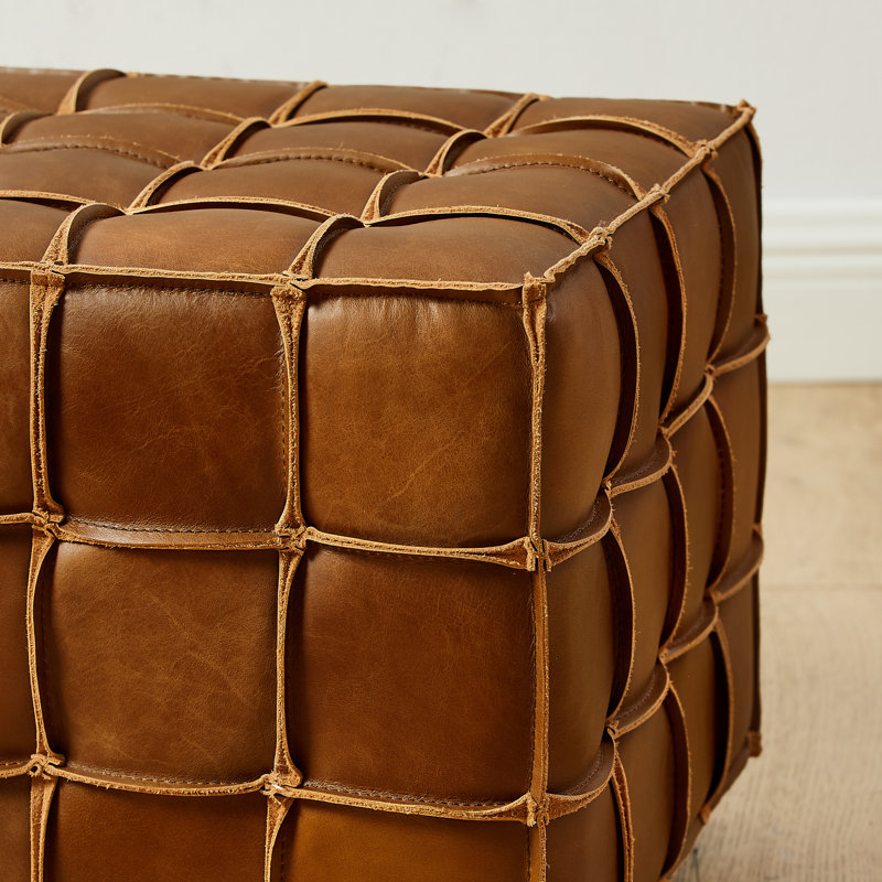 Genuine Leather Square Cube Ottoman Foot Stool, Brown