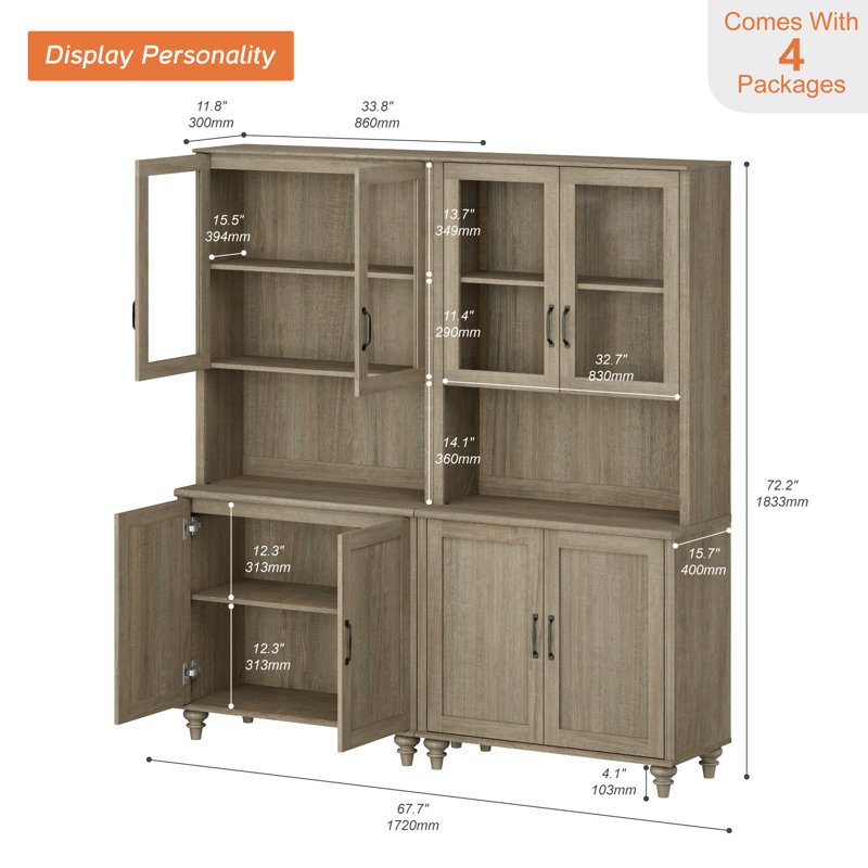 Buffet Corretta avec portes vitrées et meuble bar, armoire de rangement en bois, gris délavé, 173 cm (68 po), Wash Gray