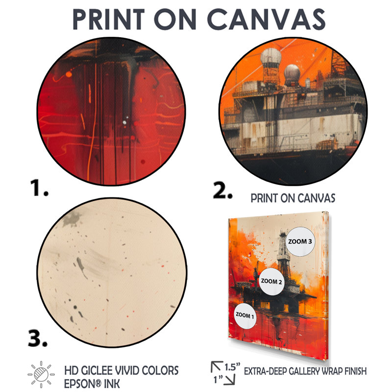 «Red Orange Oil Rig Sunrise Rodeo II», reproduction d'art sur toile, H 20 po x l 12 po x P 1 po