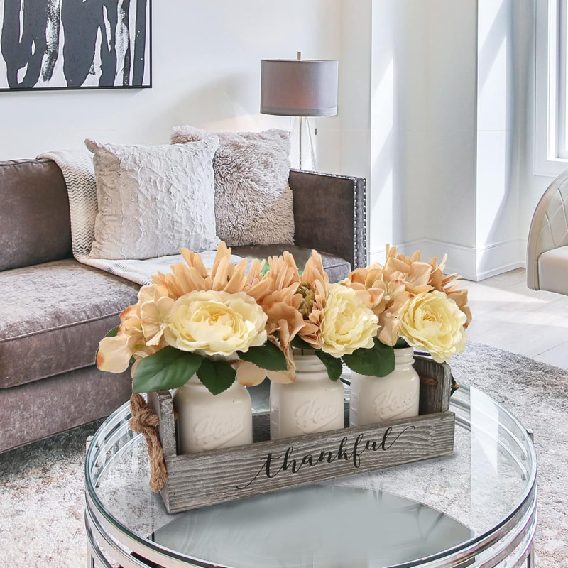 Farmhouse Centerpieces For Tables - Mason Jar Centerpieces For Dining Table, Coffee Table Centerpieces For Living Room With 3 Mason Jars, Dining Table Décor