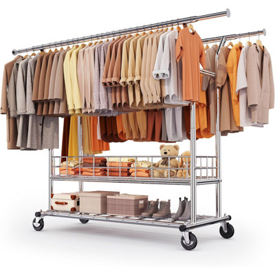 Double Rail Clothes Rack on Wheels, 283kg(625lbs) Capacity, with Mesh Storage Basket & Bottom Shelf