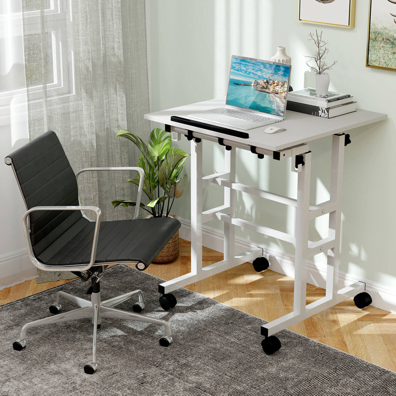 Bureau mobile à hauteur ajustable avec bureau inclinable et 2 crochets de suspension