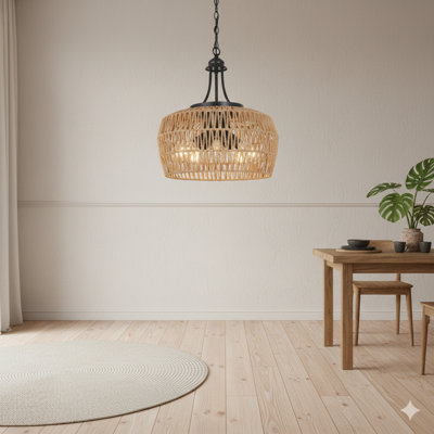 Grands lustres de style campagnard pour les salles à manger. Ce lustre en rotin à cinq lumières Boho est doté d'un abat-jour en osier et d'un luminaire suspendu de style bord de mer. Il convient également aux îlots de cuisine, aux chambres à coucher, aux salons et aux chambres de bébé.