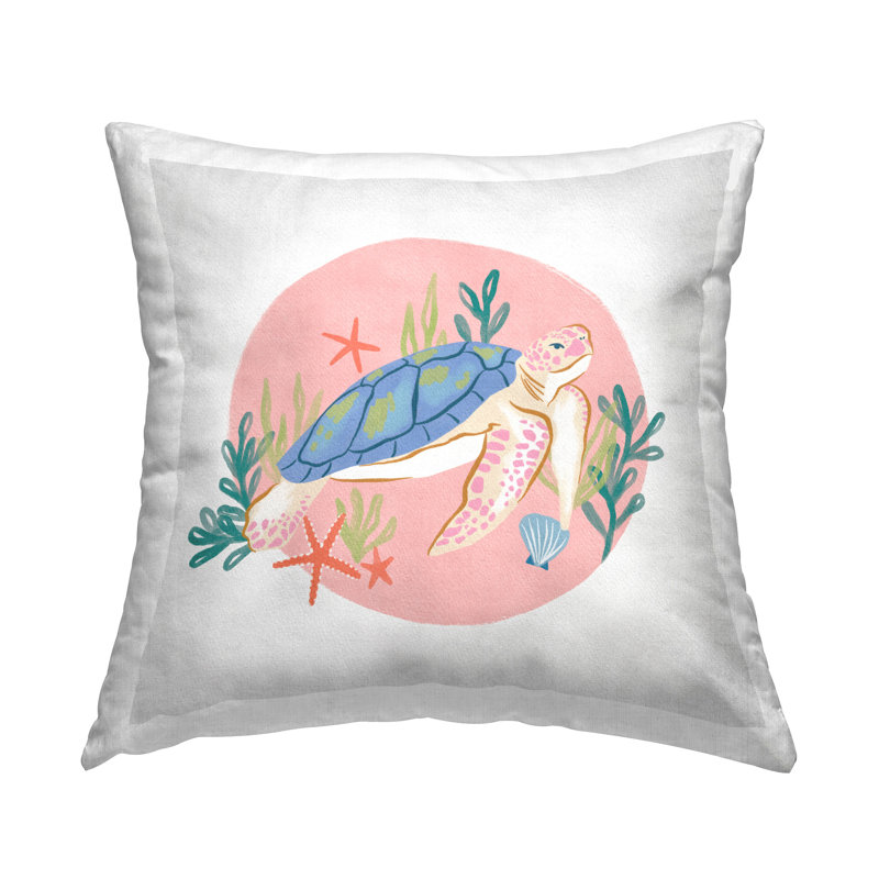 Coussin rose avec imprimé de tortues de mer et d'océan imprimé par Deborah Curiel