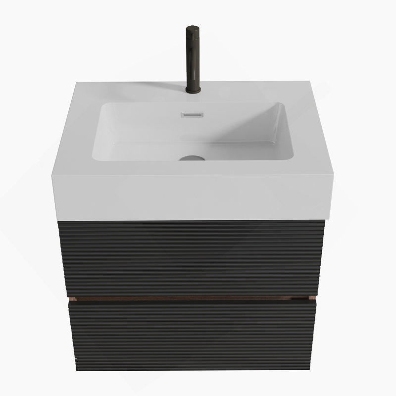 Meuble-lavabo 24 po avec lavabo à quartz d'ingénierie et tiroirs noirs doux, meuble-lavabo mural flottant pour salle de bain moderne, lavabo une pièce, KD