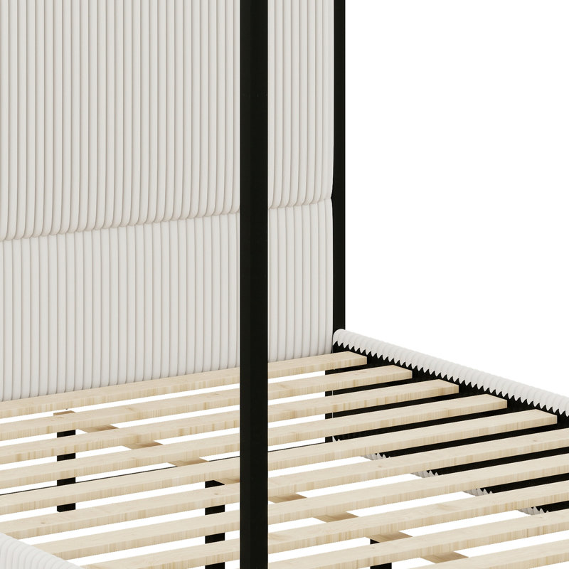 Cadre de lit à baldaquin en métal élégant, design moderne et luxueux à quatre colonnes avec haute tête de lit rembourrée