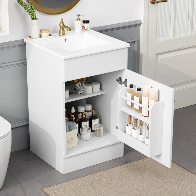 Meuble-lavabo avec lavabo, meuble-lavabo avec tablette de porte et tablette réglable Damore, Blanc, Argent argent