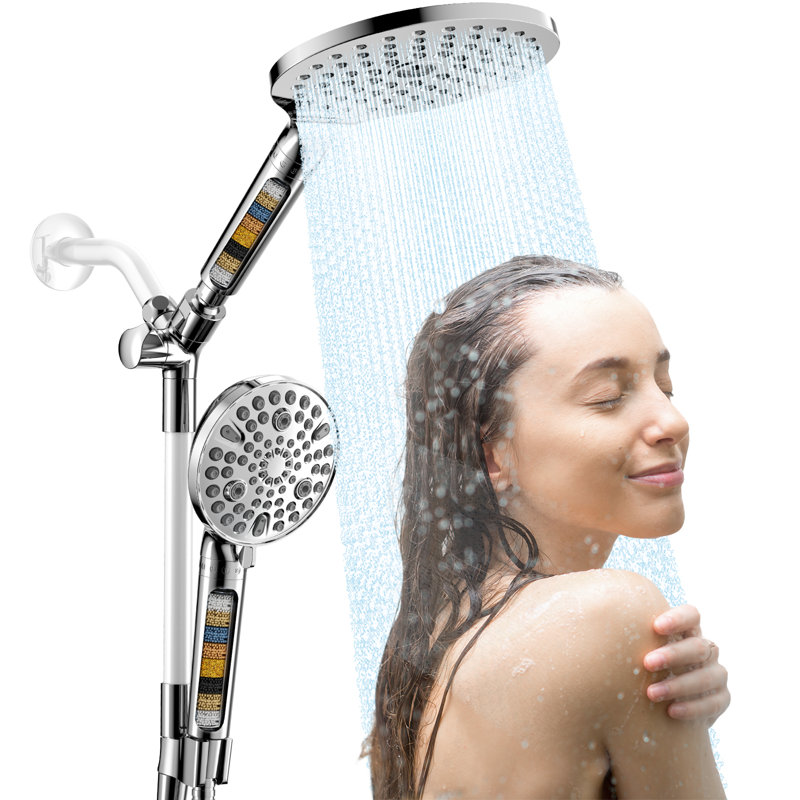 Pomme de douche filtrée chromée double 7,5 po avec barre pliable réglable, Chrome chrome
