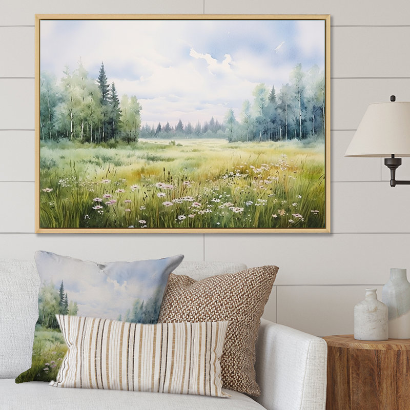 Meadow Scenery Minimalisme V - Art mural prairie, H 30 po x l 40 po x P 1,5 po, Cadre naturel flottant