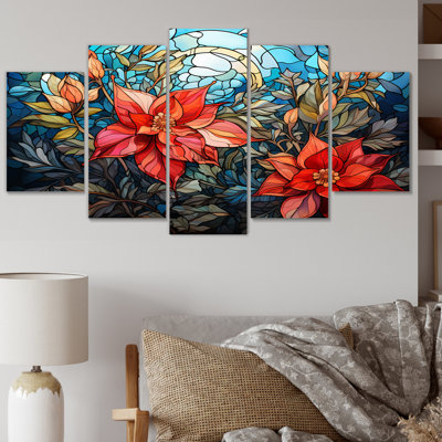 'Poinsettia Flower Stained Glass I - Floral Wall Decor - 5 Panels