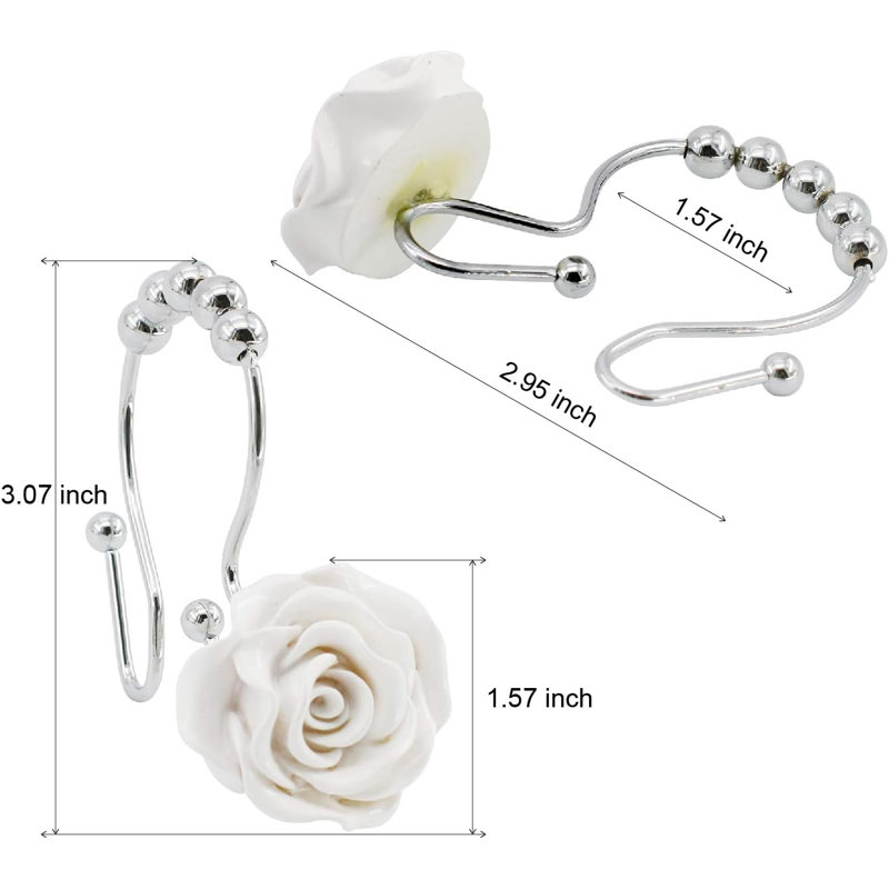 Crochets de rideau de douche Rose, 12 pièces Anneaux de rideau de douche à double glissement Anneau de crochet de douche décoratif en acier inoxydable antirouille avec résine Rose pour tringles de douche de salle de bain (blanc)