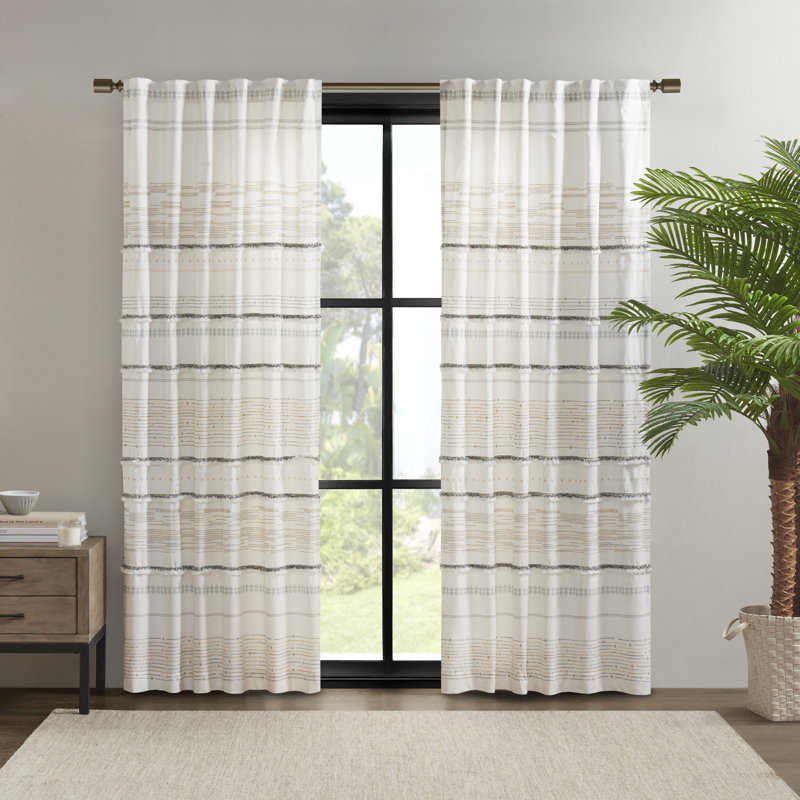Nea White Cotton Light-Filtering Tassel Trim Curtain Panel