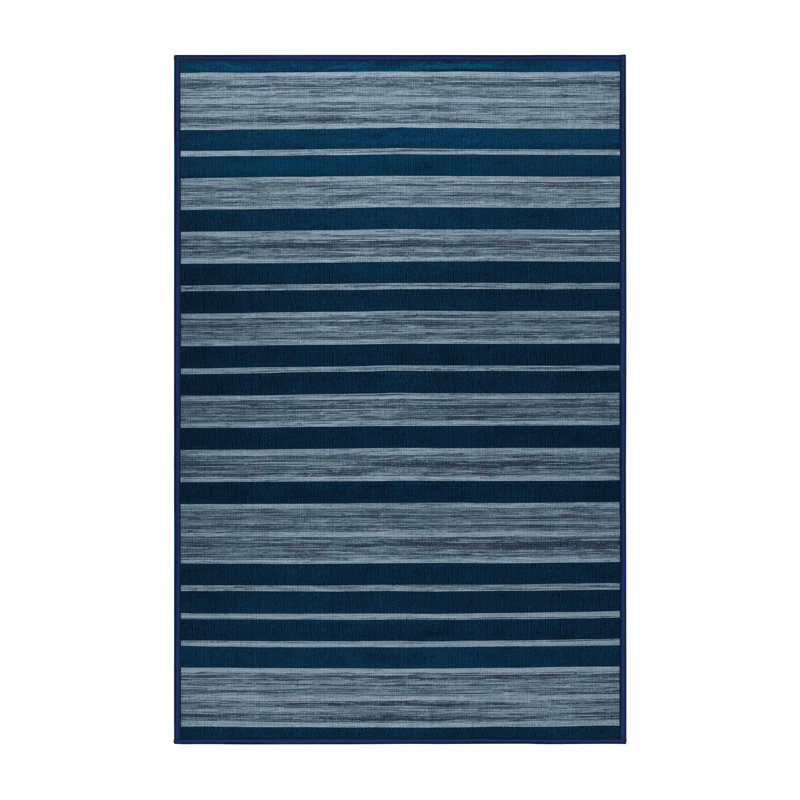 Tapis bleu à rayures horizontales lavable à la machine, Rectangle 4 pi x 6 pi